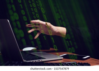 hacker hand and coding ai computer binary digital network server closeup on screen monitor with pixel, depth of field focus, data processing online internet system grid concept