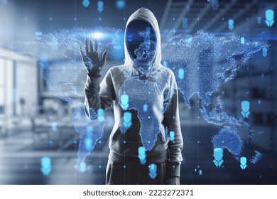 Hacker hand using abstract glowing map hologram on blurry office interior background. Digital world, data, theft, phishing, transformation and future cyber space concept. Double exposure