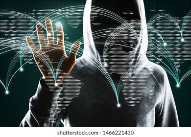 Hacker hand using glowing map with connections on dark background. Social net and hacking concept. Double exposure