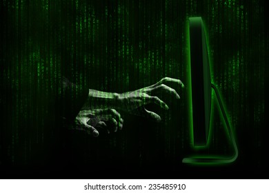 hacker hands with binary codes on monitor 