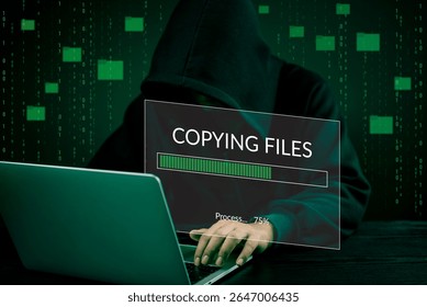 Hacker hands Data transfer File copying process laptop screen. Cybercrime, hacking digital breach, theft, and illegal activity.Concept digital Technology cybersecurity.
