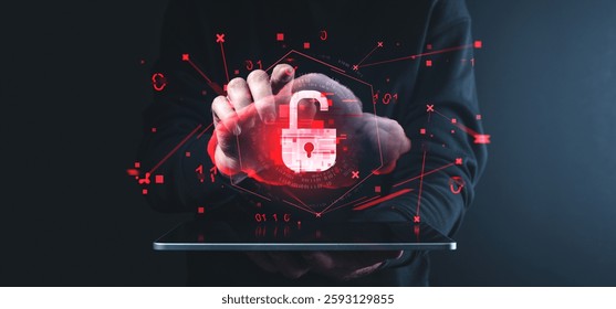 Hacker hands unlocking digital lock on tablet, digital style, dark background, concept of cybersecurity