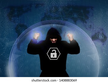a hacker with a hidden face trapped inside a security bubble. Concept of digital security or protection of data and antivirus.