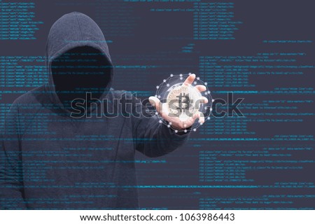 Hacker Holding Bitcoin Coin Futuristic Interface Stock Photo Edit - 