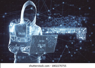 Hacker holding laptop with digital key and world map hologram. Hacking and cyber attack concept. Multiexposure
