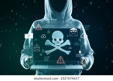 Hacker holding laptop with glowing skull hologram on blurry background. Hacking, malware and phishing concept