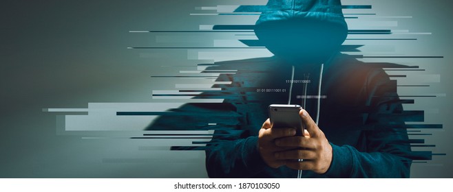 Hacker Holding Phone On Dark Background