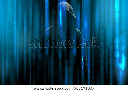 Hacker with a hood and blue binary code matrix. Hacking the confidential secret data.