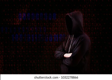  hacker with a hood over a screen with binary code