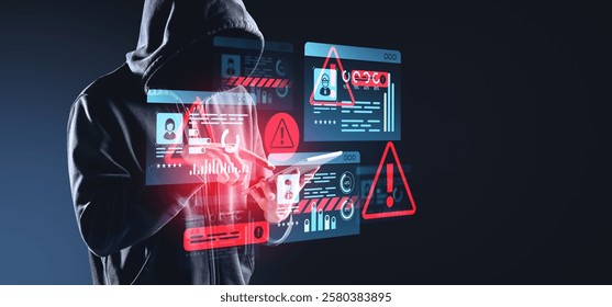 Hacker in a hooded sweatshirt using a tablet with virtual ID and warning icons glowing. Dark background. Concept of cybersecurity and threat protection - Powered by Shutterstock - Get 15% off with code: PIKWIZARD15
