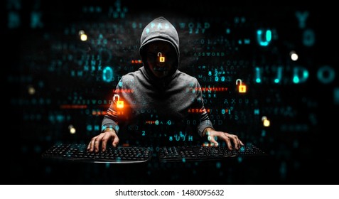 Hacker in hoodie dark theme - Shutterstock ID 1480095632