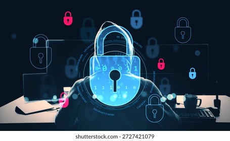 Hacker in hoodie at desk with binary code and glowing padlocks overlay on dark background, concept of cybersecurity and data protection