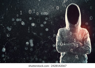 Hacker in hoodie with folded arms standing on abstract dark hacking background with bokeh circles and binary coding. Malware and phishing, data theft concept