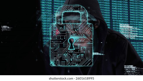 Hacker in hoodie surrounded by digital lock and binary code, focused on screen. Cybersecurity, hacking, technology, encryption, virtual, data