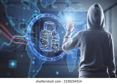 Hacker In Hoodie Using Abstract Digital Padlock And Map Hologram On Blurry Office Interior Background. Hacking, Security And Global Protection Concept. Double Exposure