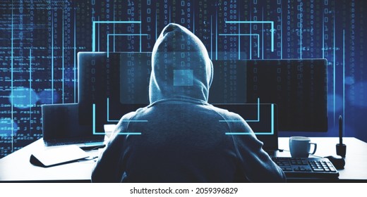 Hacker in hoodie using computer at desktop on abstract binary code background with face recognition interface. Hacking, ID and innovation concept. Double exposure