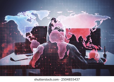 Hacker in a hoodie using a computer with a digital world map overlay. Dark background. Concept of cyber security and global hacking threat - Powered by Shutterstock