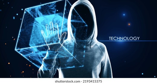 Hacker in hoodie using creative square polygonal technology hologram on blurry background. Geometry, hacking, big data and tech concept - Powered by Shutterstock - Get 15% off with code: PIKWIZARD15