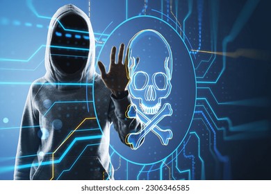 Hacker in hoodie using digital skull hologram on blurry background. Hacking, malware and crime concept. Double exposure