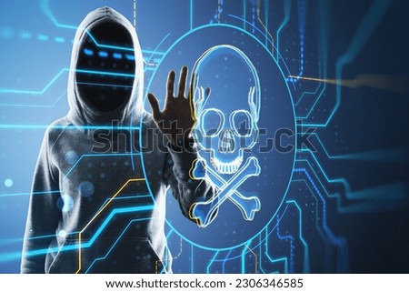 Hacker in hoodie using digital skull hologram on blurry background. Hacking, malware and crime concept. Double exposure