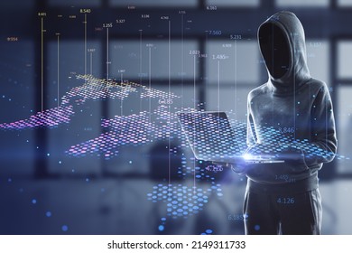 Hacker In Hoodie Using Laptop With Abstract Digital Map And Index Lines On Blurry Interior Background. Global Infographic, Hacking, Theft, World And Location Concept. Double Exposure