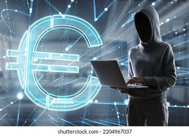 Hacker In Hoodie Using Laptop With Abstract Glowing Holographic Euro Sign Icon On Blurry Office Interior Background. Trade, Hacking, Data, Malware, Online Banking And Money Concept. Double Exposure