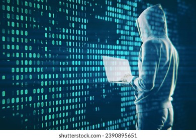 Hacker in hoodie using laptop with creative digital binary code dots hologram. Digital data hacking concept. Double exposure