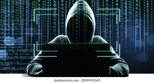 Hacker in hoodie using laptop at desktop on abstract binary code background with face recognition interface. Hacking, ID and innovation concept. Double exposure