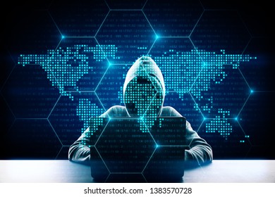 Hacker in hoodie using laptop with digital glowing map interface. AI and data concept. Double exposure 
