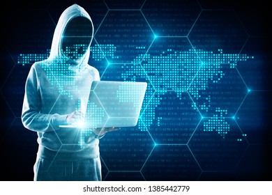 Hacker in hoodie using laptop with digital glowing map interface. AI and global concept. Double exposure 