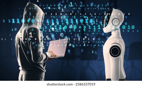Hacker in hoodie using laptop facing AI humanoid robot with binary code overlay on dark futuristic background, representing cybercrime and data security risks