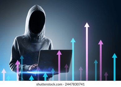 Hacker in hoodie using laptop with various growing arrows on gray background. Growth, hacking, future and performance concept