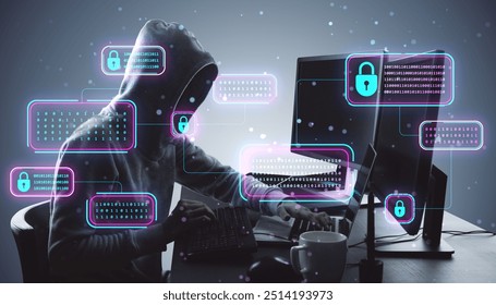 A hacker in a hoodie working on a computer with neon lock icons and binary codes surrounding them, on a dark background, representing cybersecurity threats
