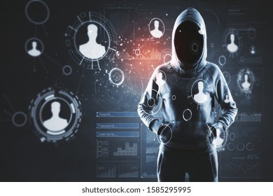 Hacker and human resources management interface on screen. Communication and malware concept.