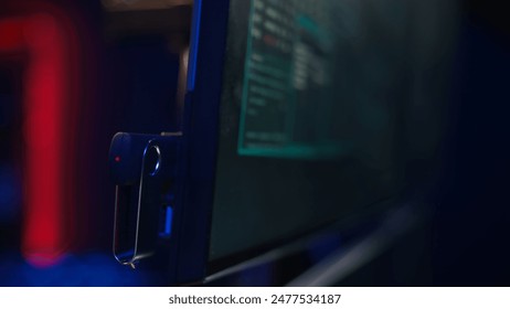 Hacker inserting USB in computer after managing to steal sensitive data, close up. Scammer uploading storage drive into PC after obtaining sensitive information from users using malware, camera B