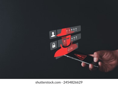 Hacker interface infront of user login interface on screen smartphone concept for Cyber Security,Digital Privacy Protection,Digital Security Alert.