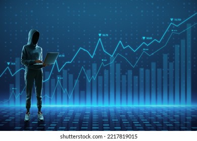 Hacker with laptop using abstract glowing blue business graph hologram on blurry background. Economy, finance, hacking, data theft and digital money concept.