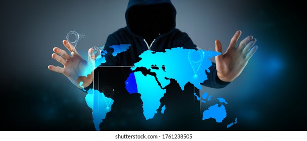 Hacker With Laptop World Cyber War.