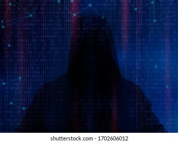 Hacker man steal information. Guy in hood without face, with binary code collage