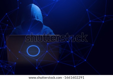 hacker man terrorist with virus computer attack to server network system online in data internet security hacking concept