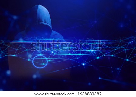 hacker man terrorist with virus computer attack to server network system online in data internet security hacking concept