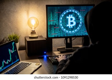 Hacker man using laptop and computer with Bitcoin green binary graphic and cryptocurrency candlestick graph price on monitor screen. Cyber crime digital currency laundering concept