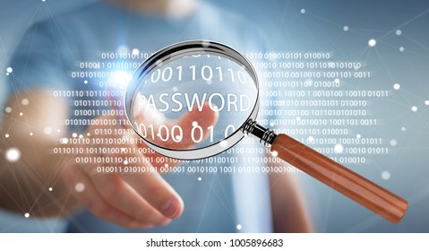 Hacker on blurred background using digital magnifying glass to find password 3D rendering