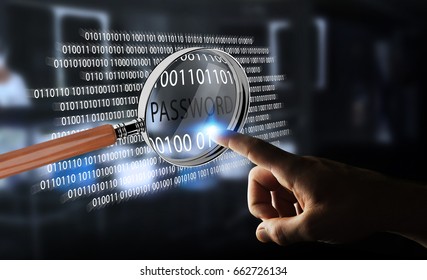Hacker on blurred background using digital magnifying glass to find password 3D rendering