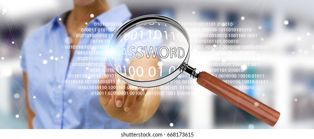 Hacker on blurred background using digital magnifying glass to find password 3D rendering