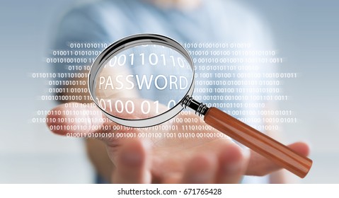 Hacker on blurred background using digital magnifying glass to find password 3D rendering