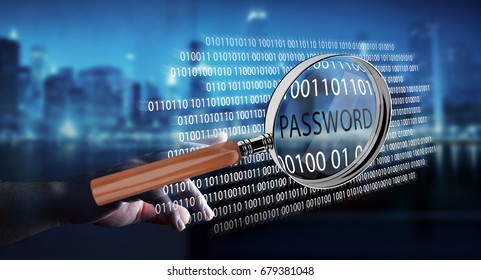 Hacker on blurred background using digital magnifying glass to find password 3D rendering