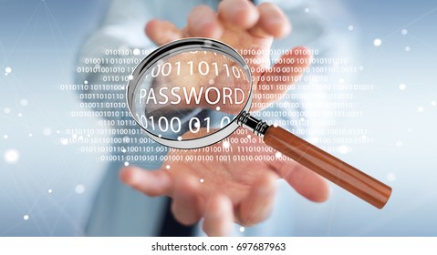 Hacker on blurred background using digital magnifying glass to find password 3D rendering