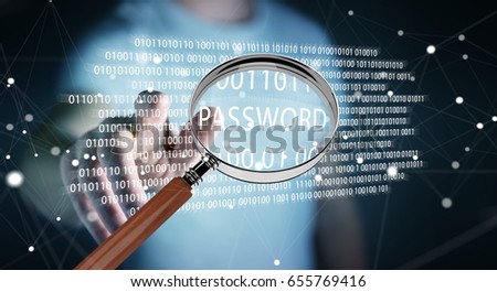 Hacker on blurred background using digital magnifying glass to find password 3D rendering