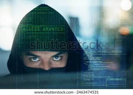Hacker, online system and man with code for programming, malware and information technology in dark. Cybersecurity, computer interface and portrait of person for online crime, fraud and install virus